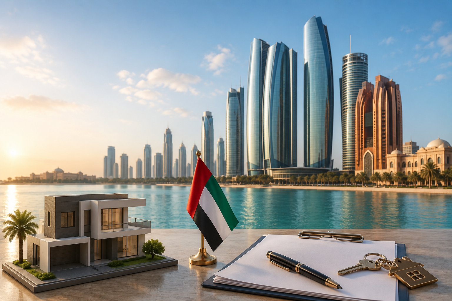 how to buy property in abu dhabi as a foreigner with flag and skyline
